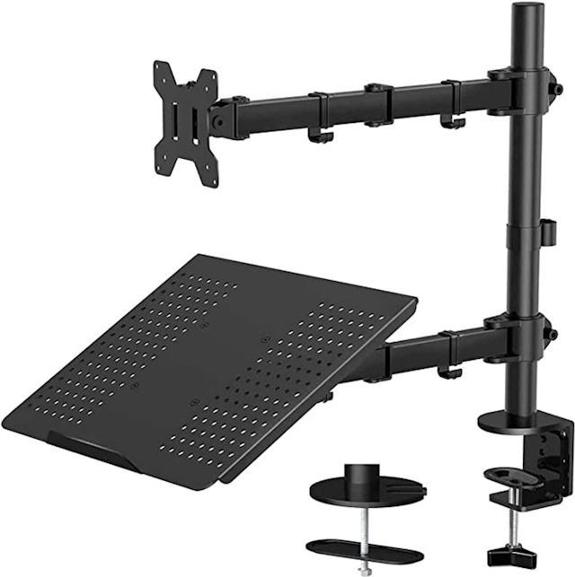HUANUO Monitor and Laptop Mount with Tray for 13- 27 inch, Fully Adjustable Laptop Notebook Desk Mount up to 17 inch, Weight up to 22lbs, Extension with Clamp and Grommet Mounting Base